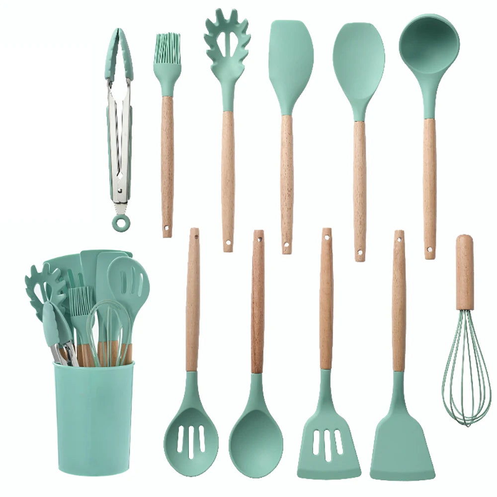 Silicone Kitchenware Cooking Utensils Set With Wooden Handles