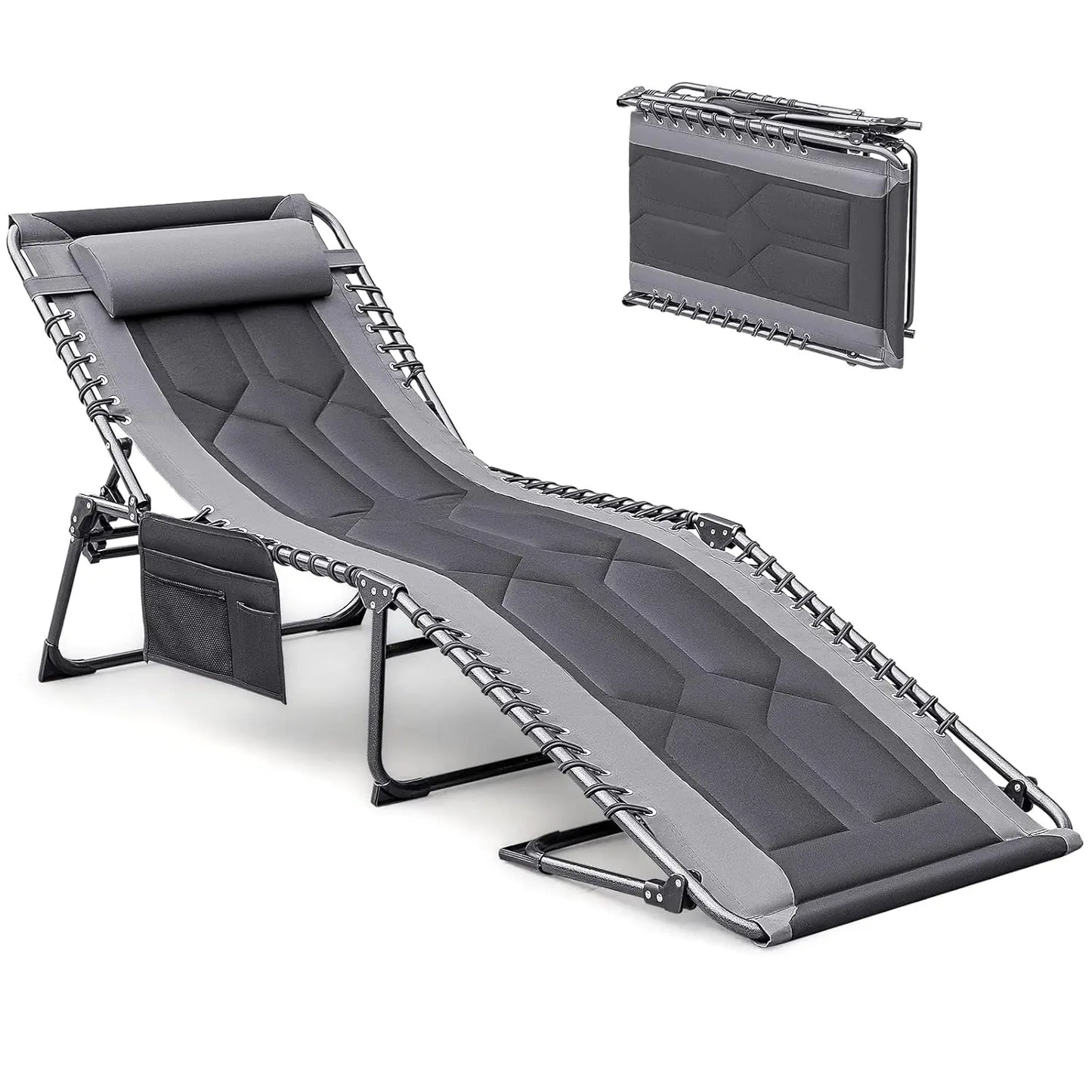 Foldable Padded Outdoor Chaise Lounge With Pillow And Side Pocket