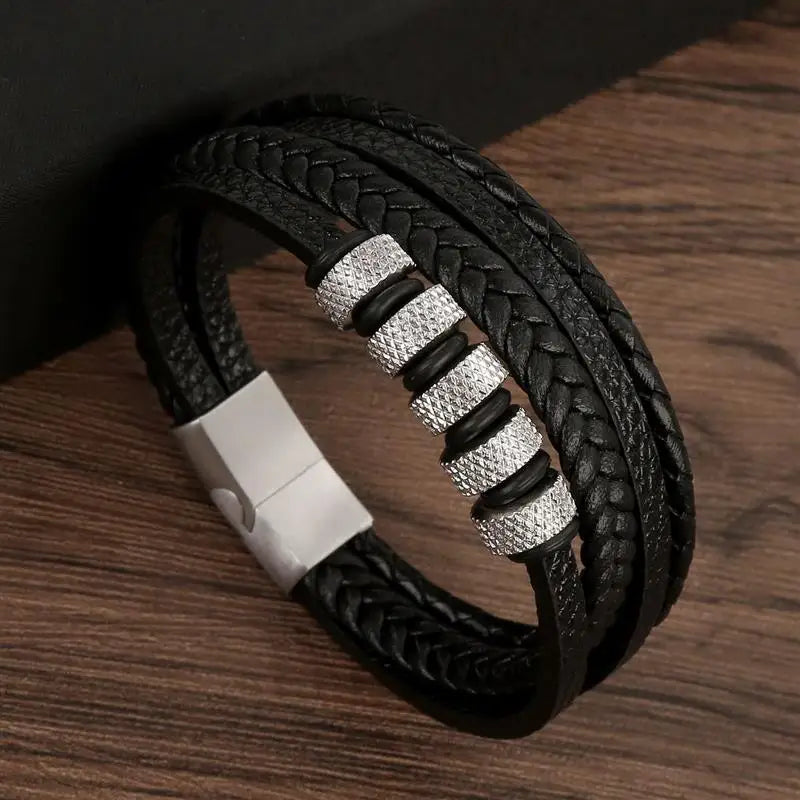 Leather Bracelet For Men Multi Layer Handwoven Fashion Accessory