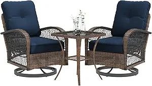 Outdoor 3 Piece Wicker Patio Set With Swivel Rocker Cushions