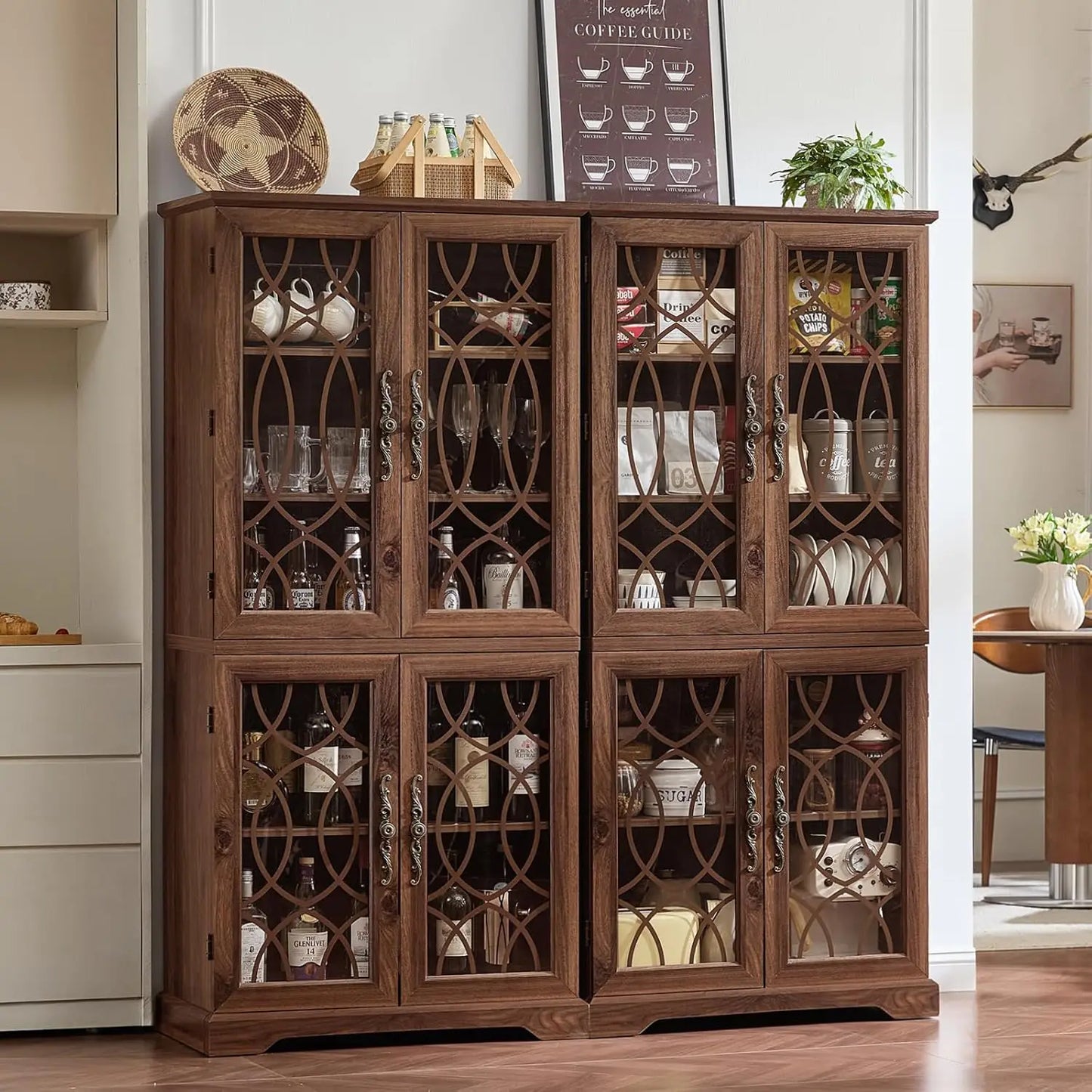 HUANZHUANG Vintage Wood Pantry Cabinet Set With Glass Doors