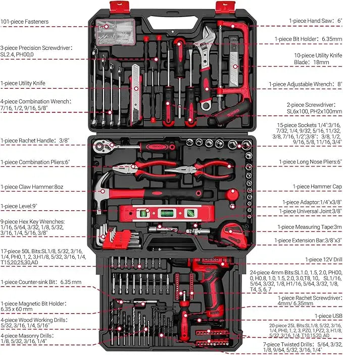 DEKODIY 12V Cordless Drill Tool Set With Toolbox Organizer Case