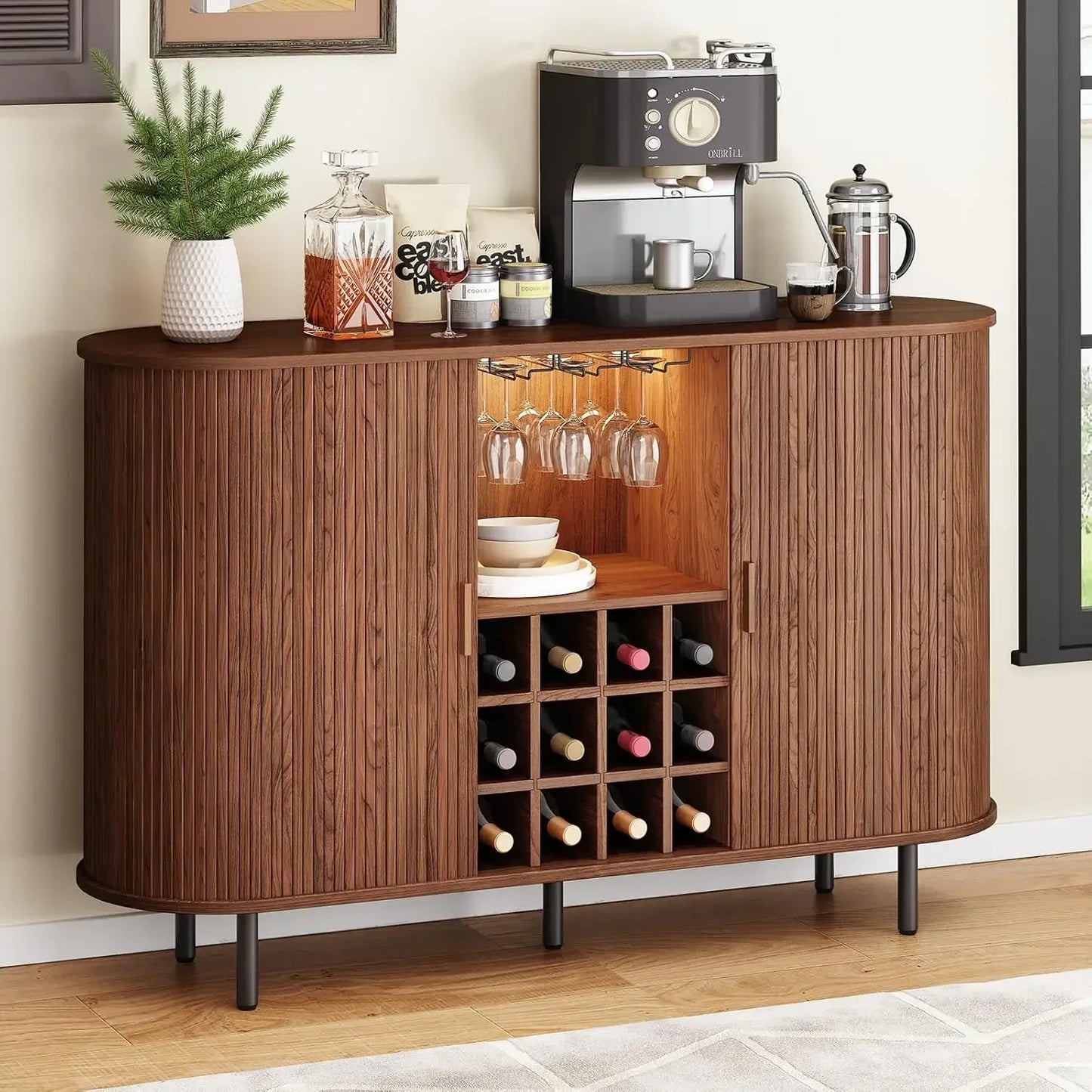 Fluted Bar Cabinet With Storage For Home Liquor And Wine