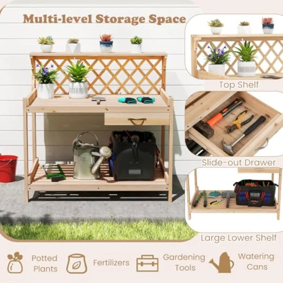 Outdoor Wood Potting Bench With 3 Tier Shelves And Drawer