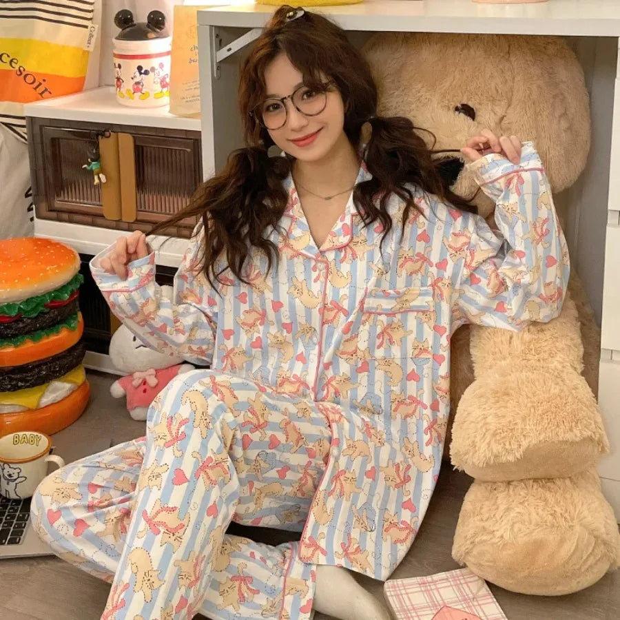 Korean Style Cotton Pajama Set For Women Casual Sleepwear