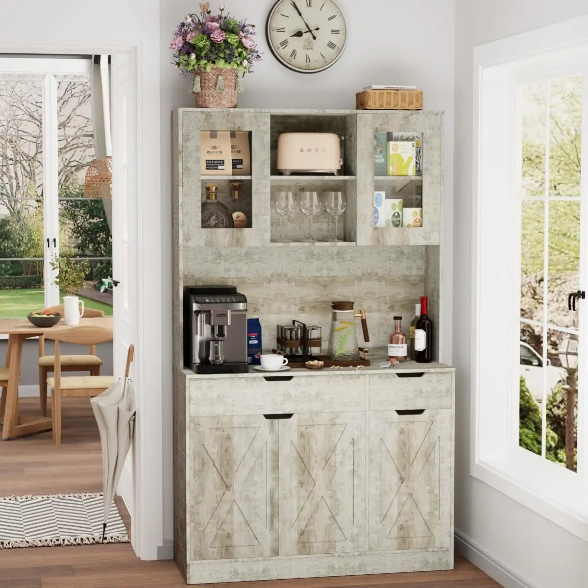 Pantry Cabinet Hutch With Built In Power Outlet And Adjustable Shelves