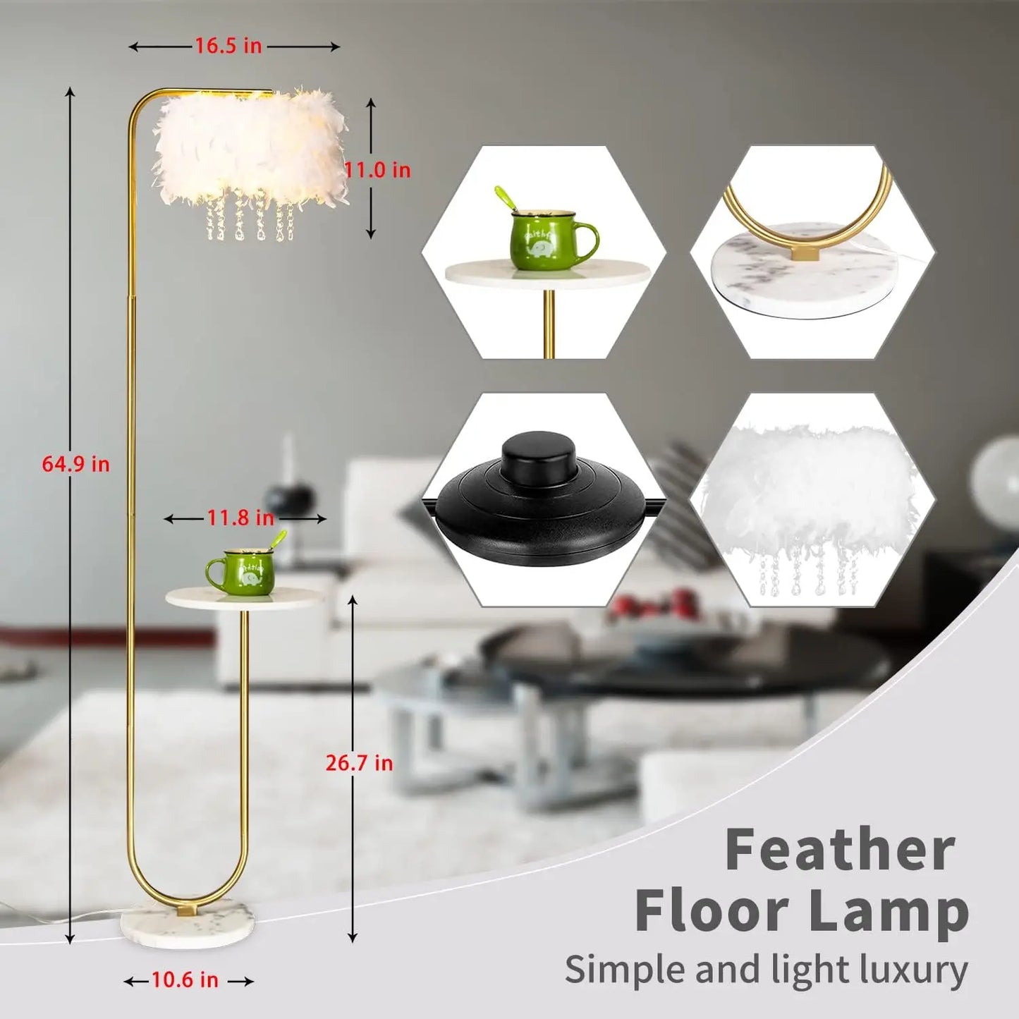 XMSJ Led Ostrich Feather Floor Lamp Tray Arc Metal Finish