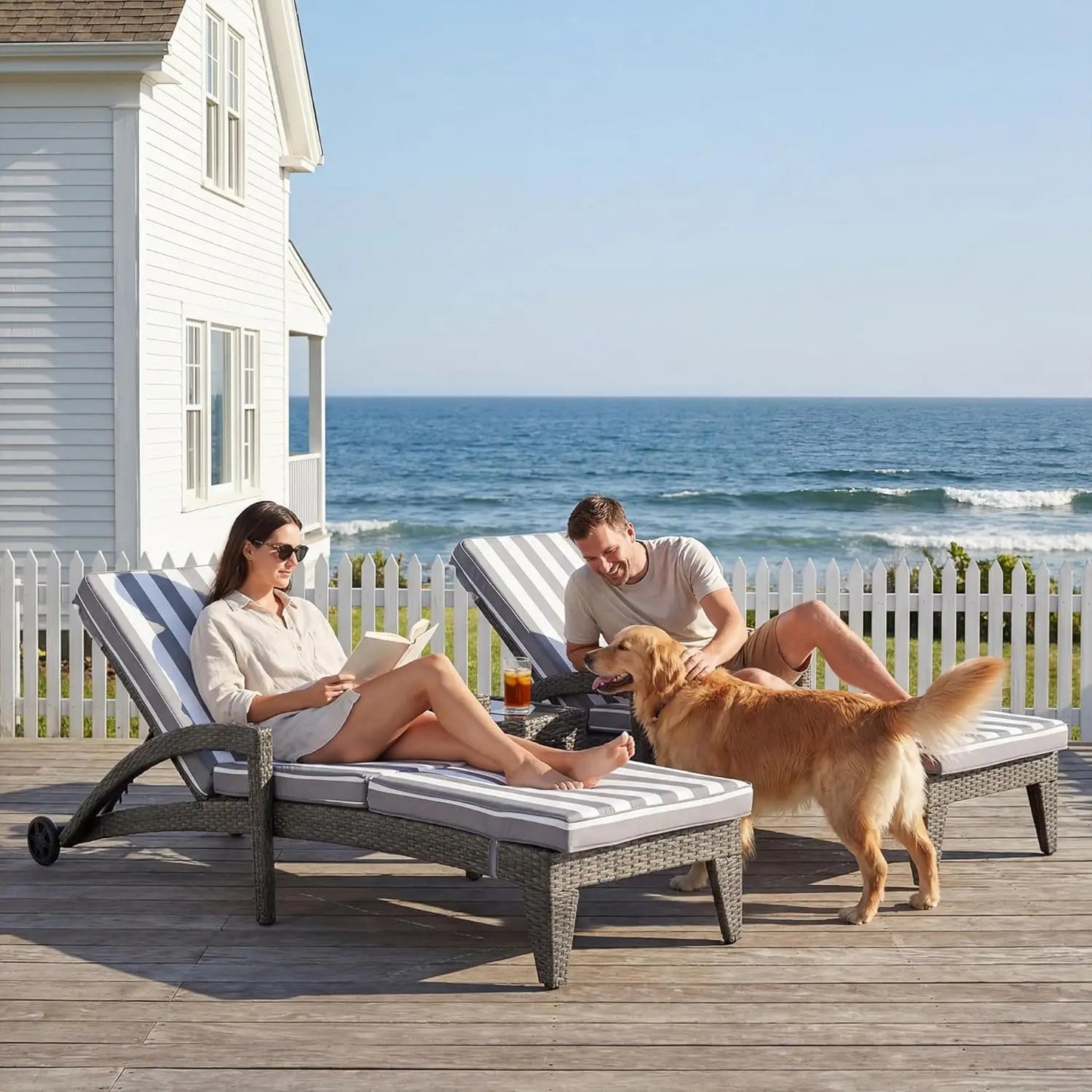 Adjustable Upholstered Chaise Lounge Set With Wicker Reclining Chairs
