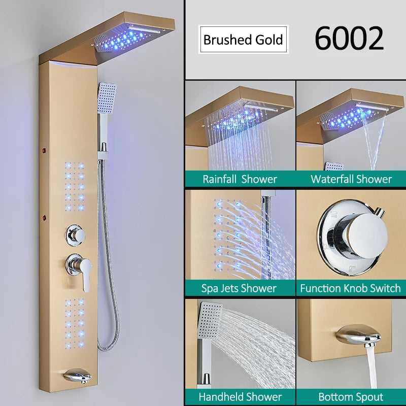 Quyanre LED Shower Panel Tower System Rainfall Massage Spa Bath Faucet