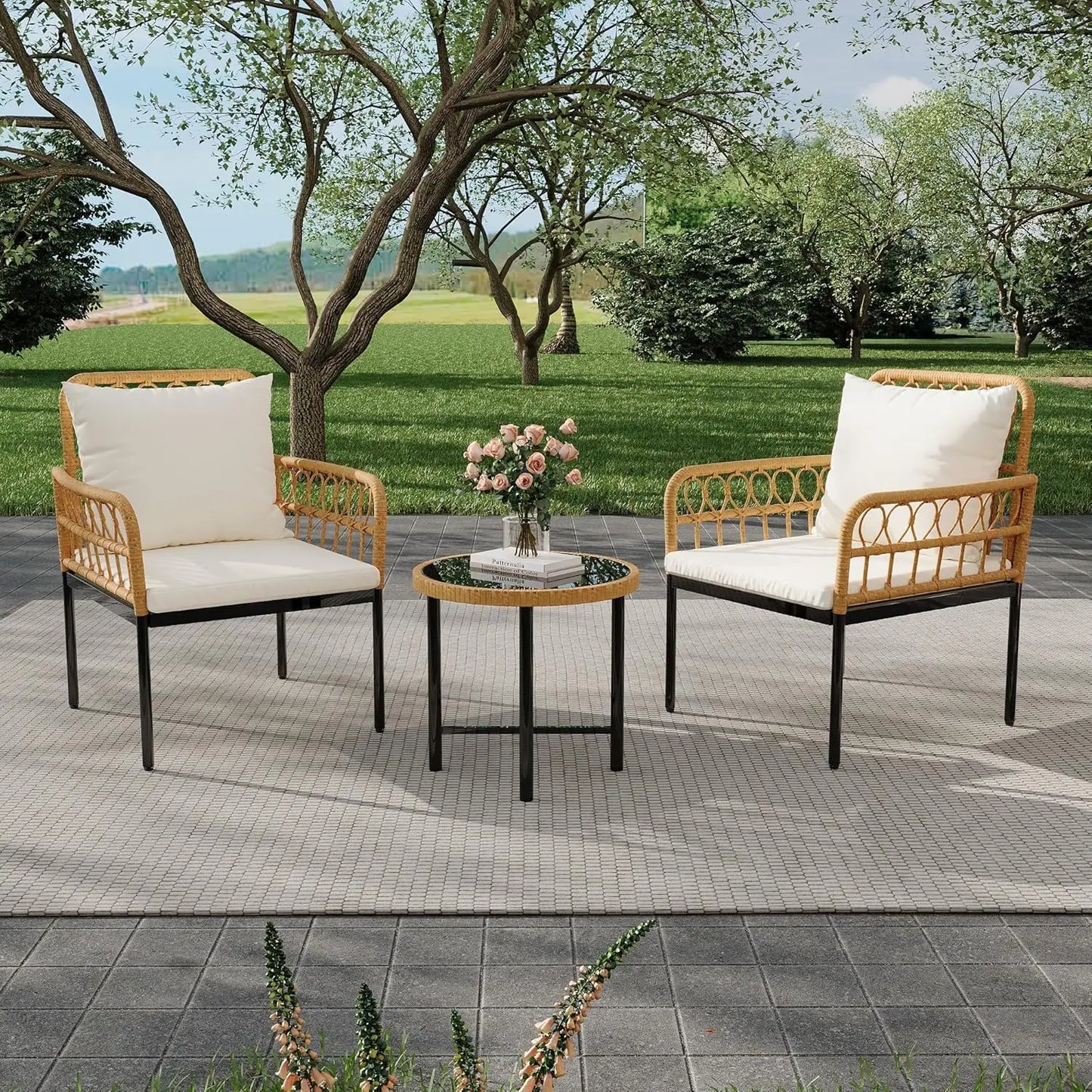 All-Weather Wicker Rattan Bistro Patio Furniture Set with Glass Table