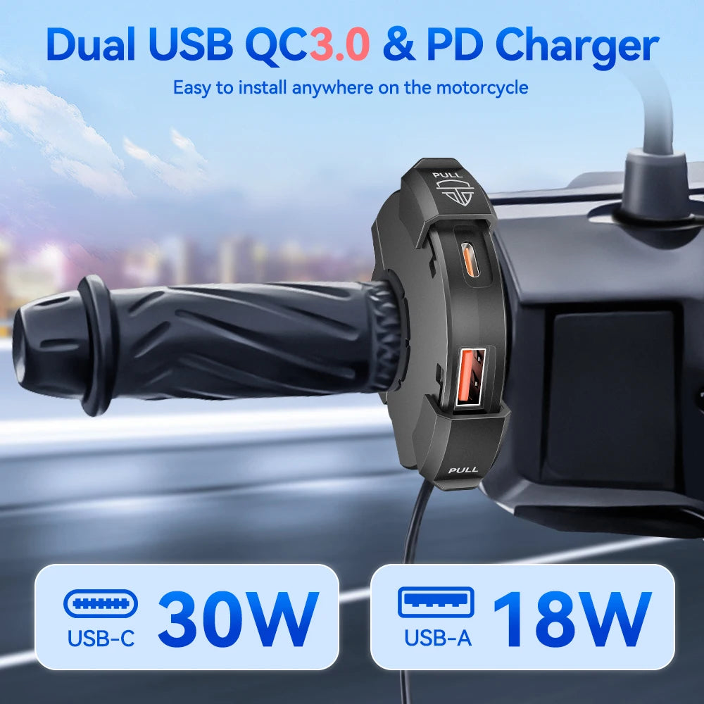 Motorcycle QC3.0 USB Charger Handlebar Mount IP65 Waterproof 12V-24V