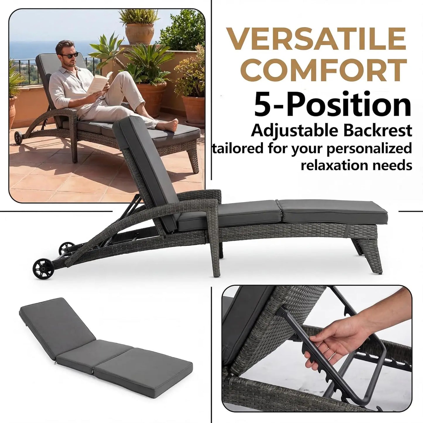 Adjustable Upholstered Chaise Lounge Set With Wicker Reclining Chairs