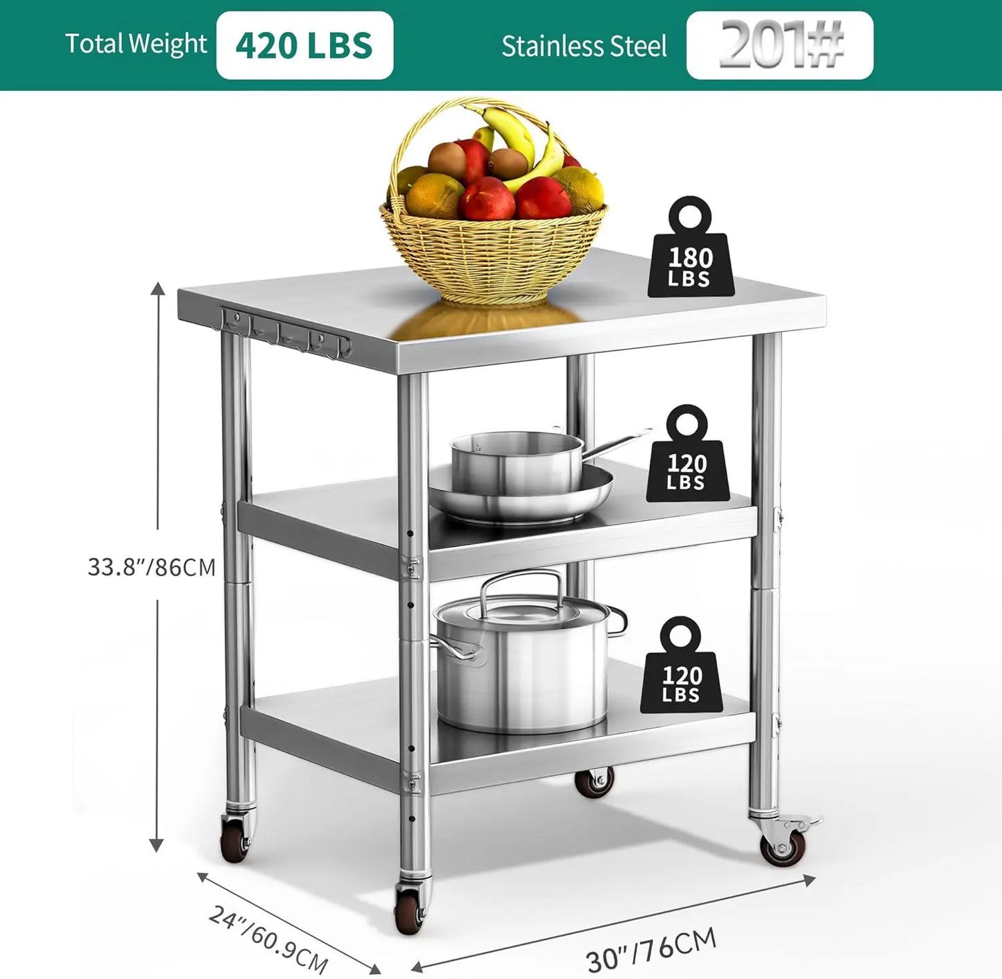Stainless Steel Kitchen Work Table With Wheels And Three Shelves