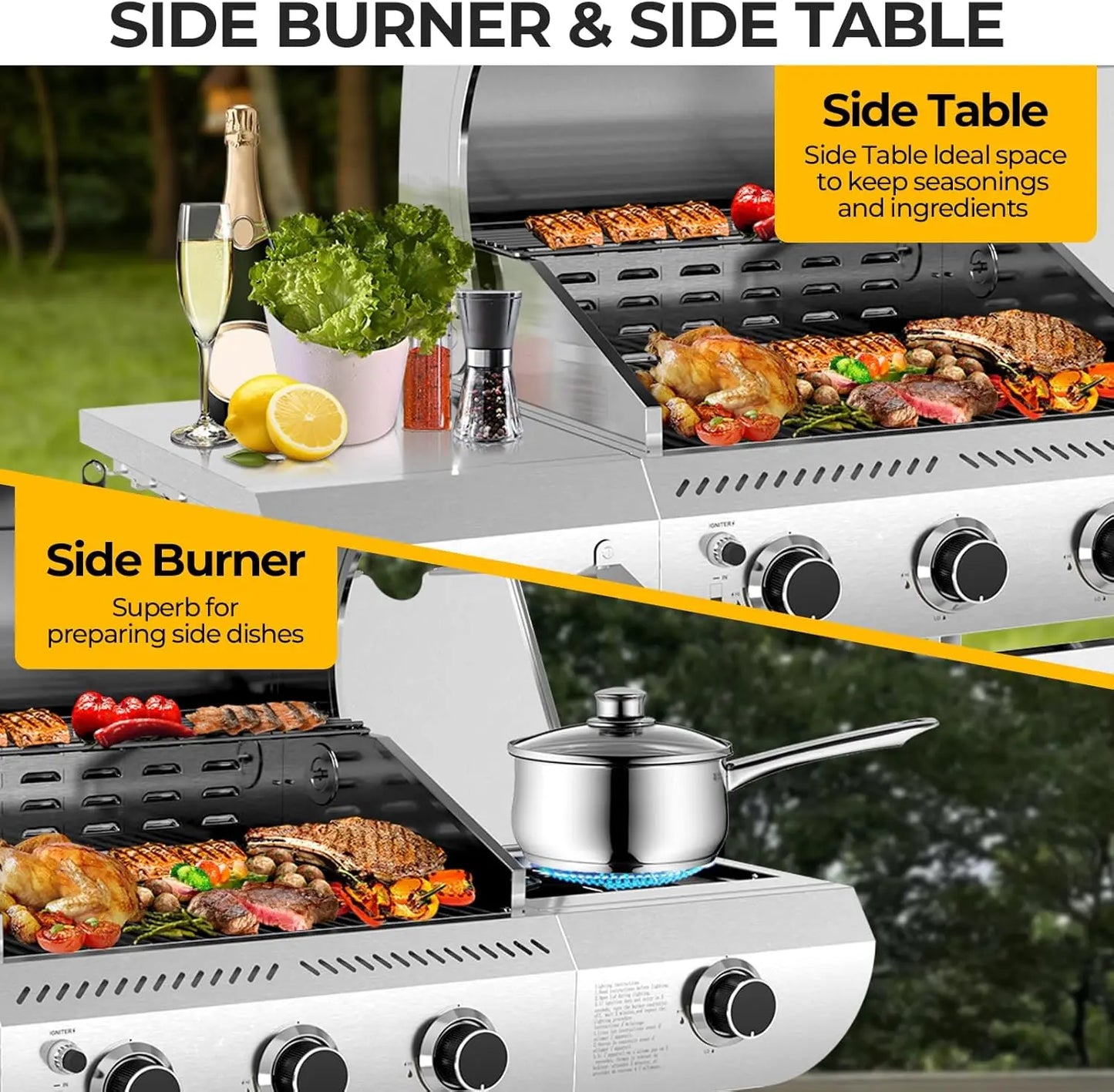 Outdoor Propane Grill 34000 BTU Three Burners Side Burner Stainless
