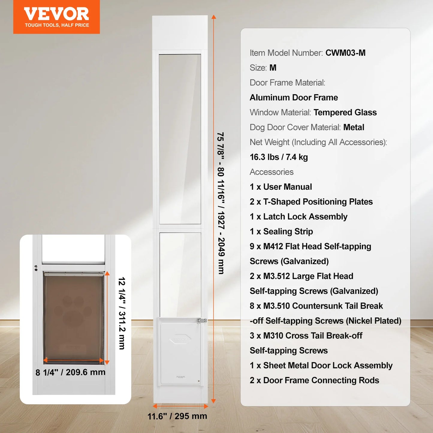 SucceBuy Adjustable Height Sliding Glass Dog Door With Aluminum Frame