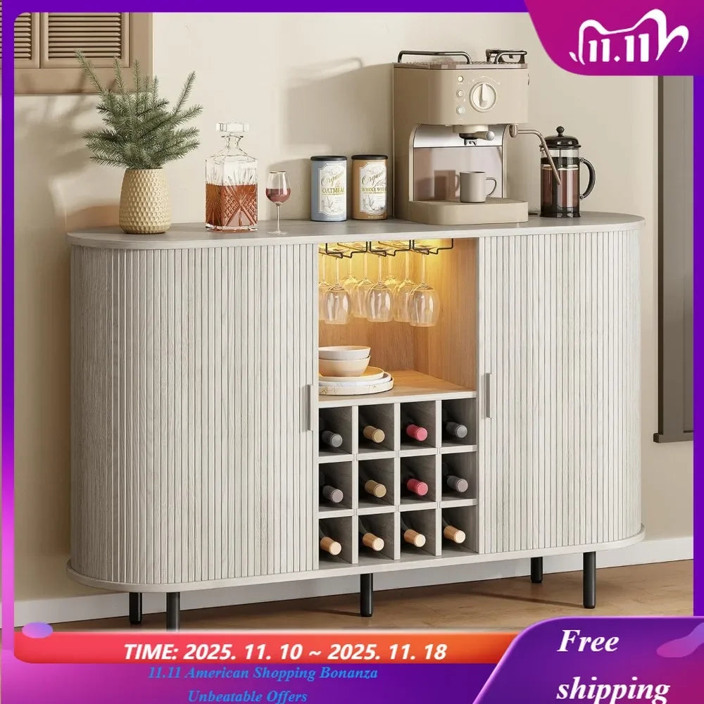 Fluted Bar Cabinet With Storage For Home Liquor And Wine