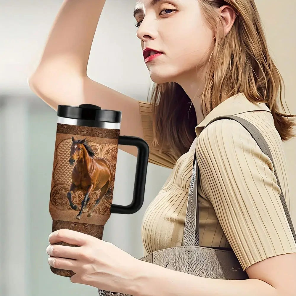 Horse Running Design Double Wall Insulated Cup Spill Proof Lid