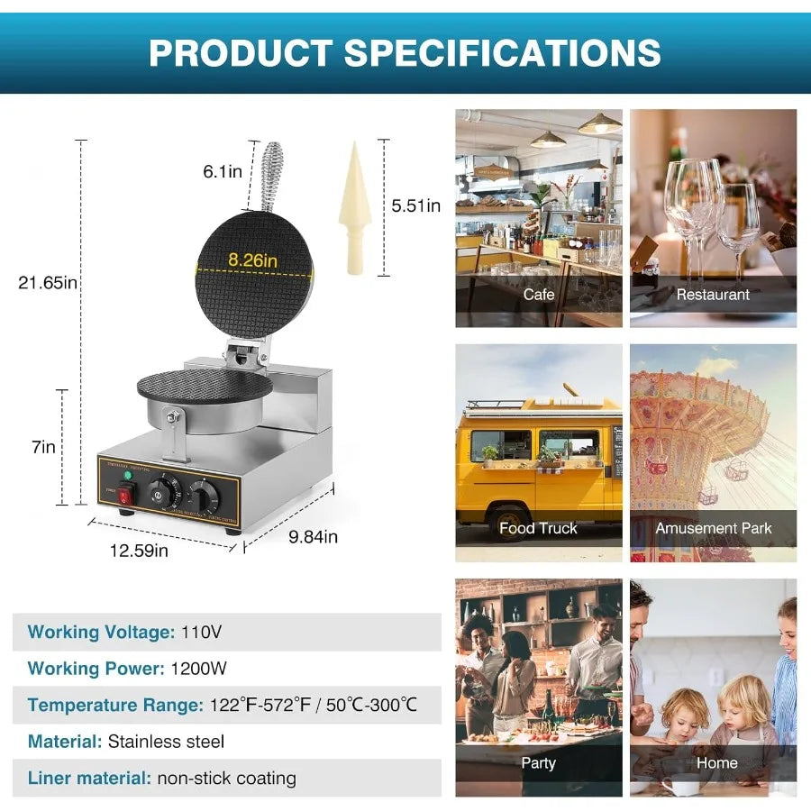 XMSJ Commercial Waffle Cone Maker Machine Stainless Steel 110V 1200W