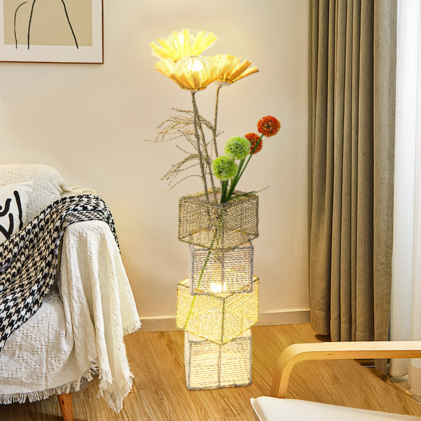 Modern Rattan Floor Lamp Dimmable LED For Living Room