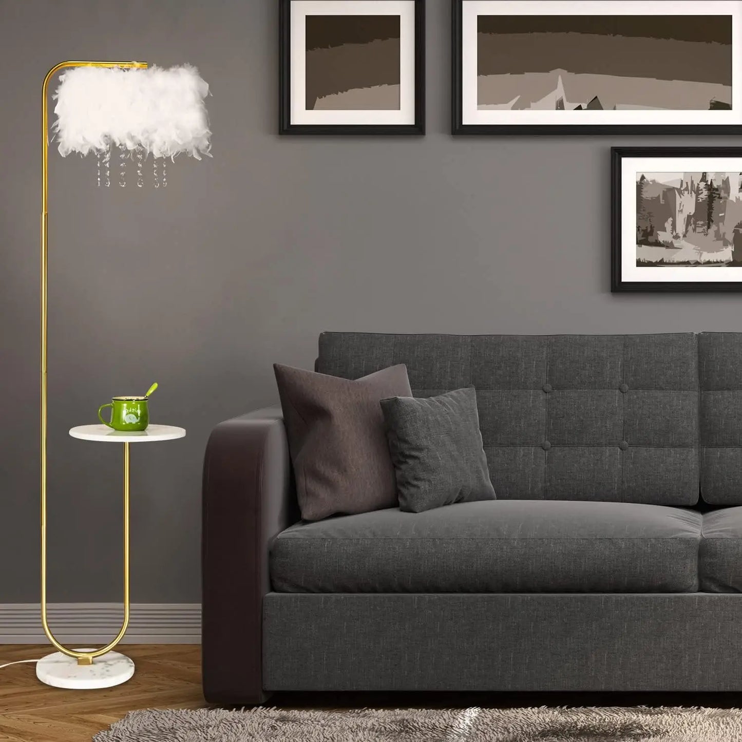 XMSJ Led Ostrich Feather Floor Lamp Tray Arc Metal Finish