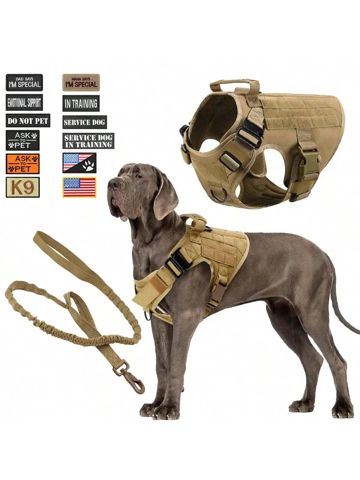 Waterproof Tactical Dog Harness Leash With 12 Patch Set