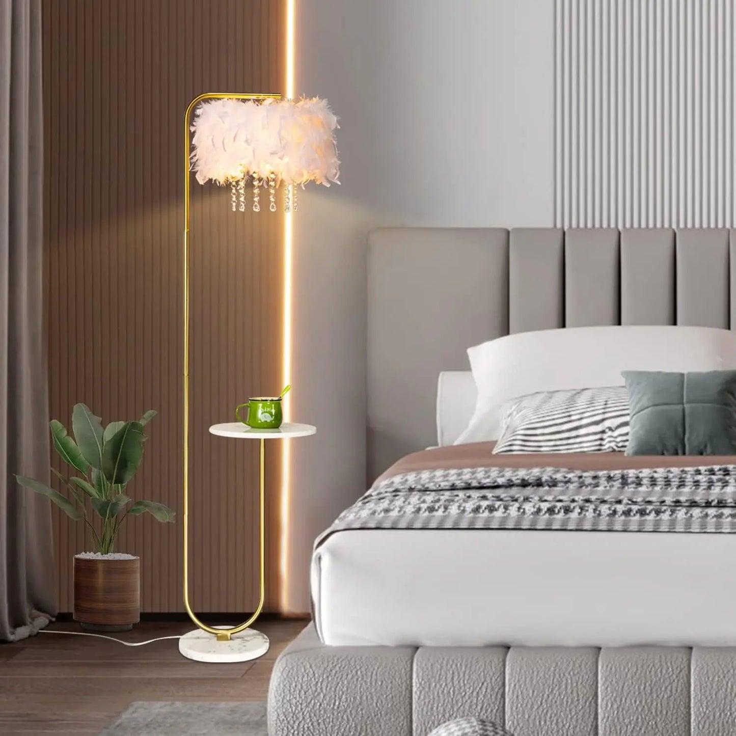 XMSJ Led Ostrich Feather Floor Lamp Tray Arc Metal Finish