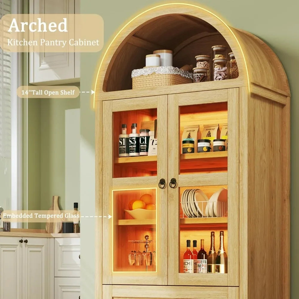 Arched Pantry Cabinet With LED Lights And Adjustable Shelves