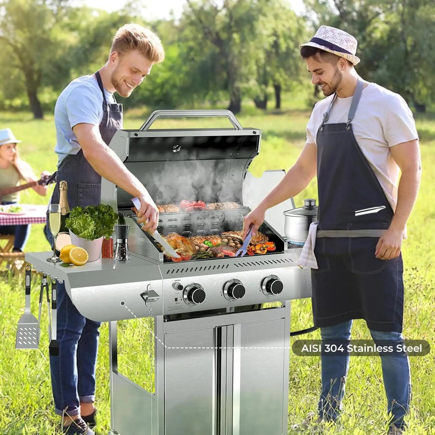 Outdoor Propane Grill 34000 BTU Three Burners Side Burner Stainless