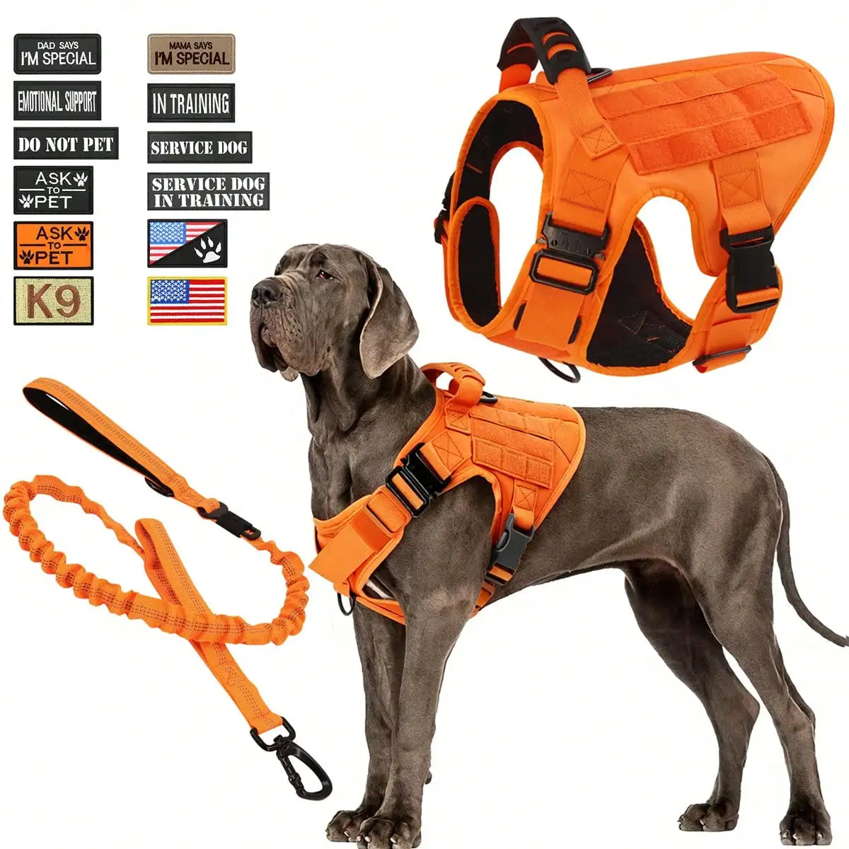 Waterproof Tactical Dog Harness Leash With 12 Patch Set