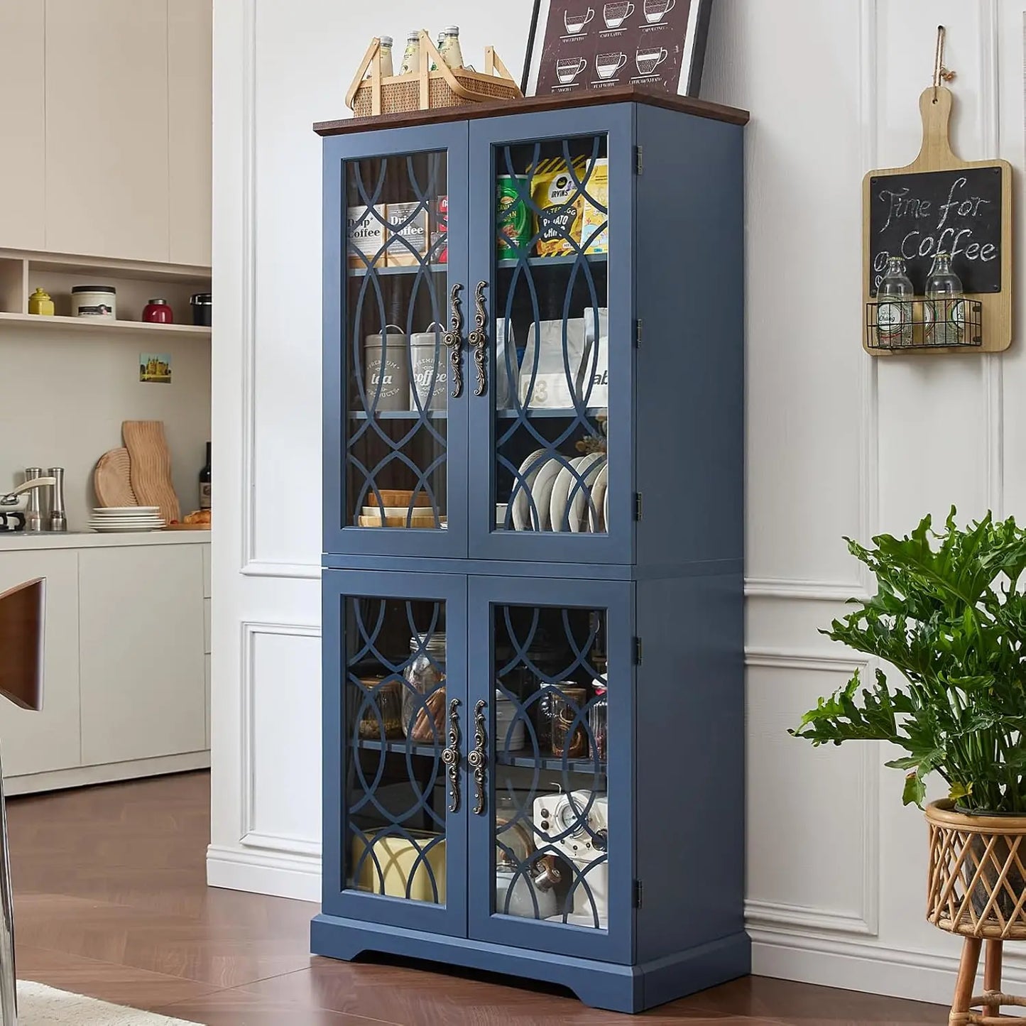 Kitchen Pantry Cabinet With Glass Doors And Adjustable Shelves