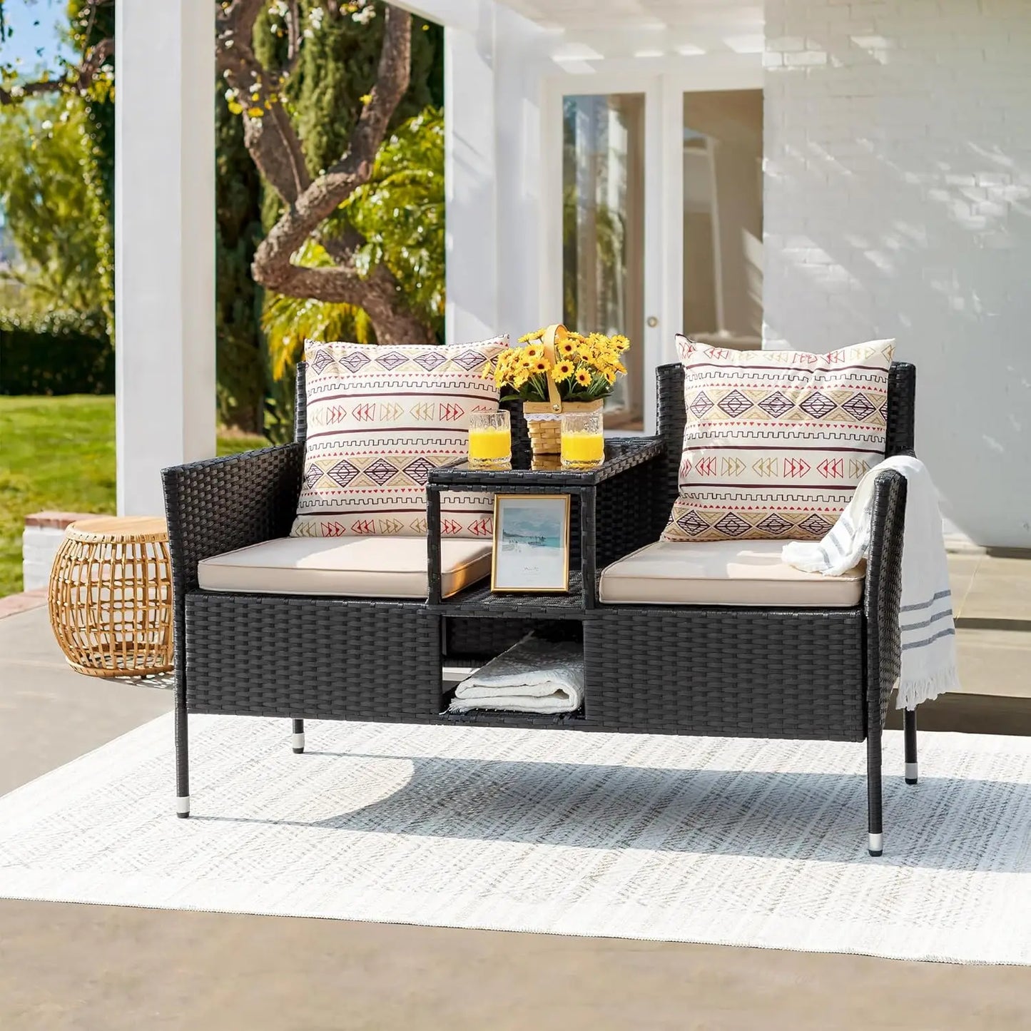 Outdoor Patio Loveseat Modern Rattan Conversation Set Cushions