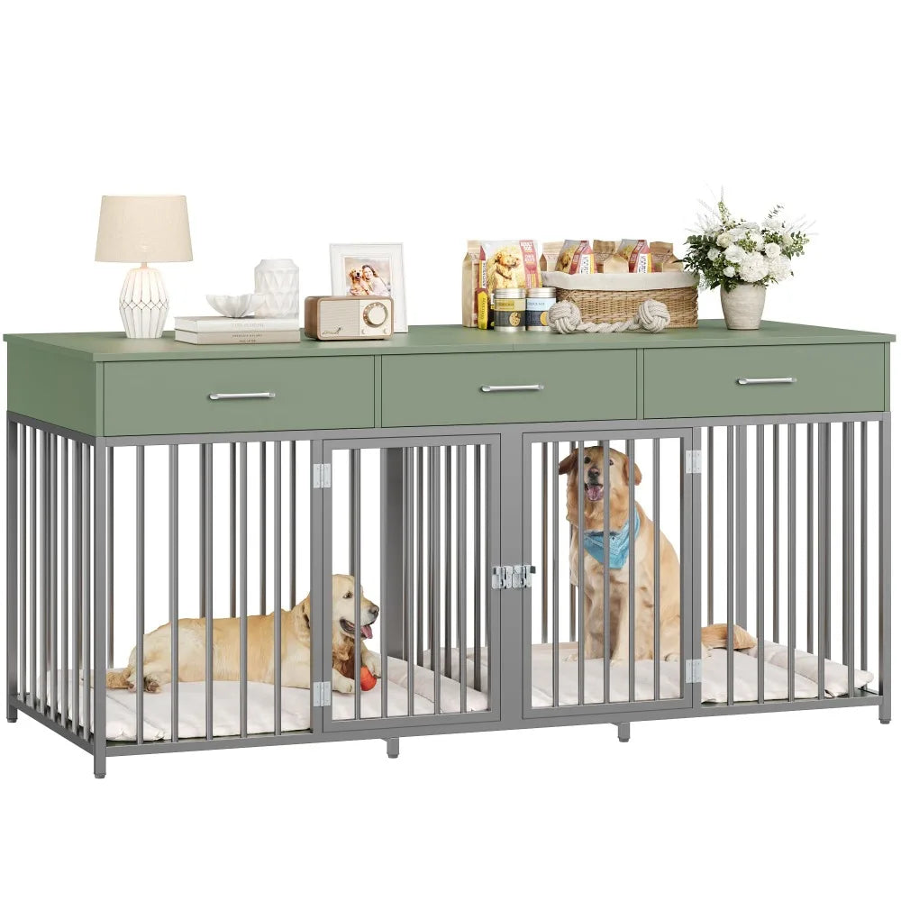 HOSTACK Farmhouse Double Dog Crate With 3 Drawers Kennel
