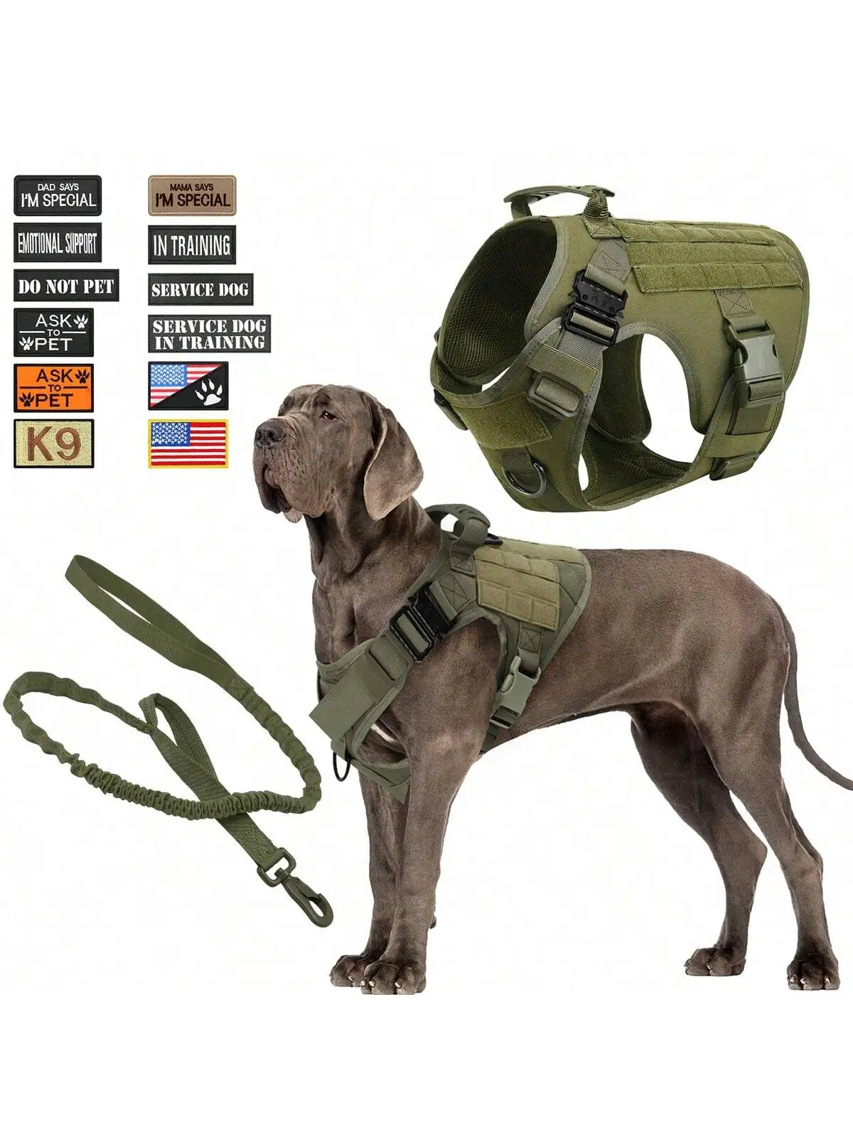 Waterproof Tactical Dog Harness Leash With 12 Patch Set