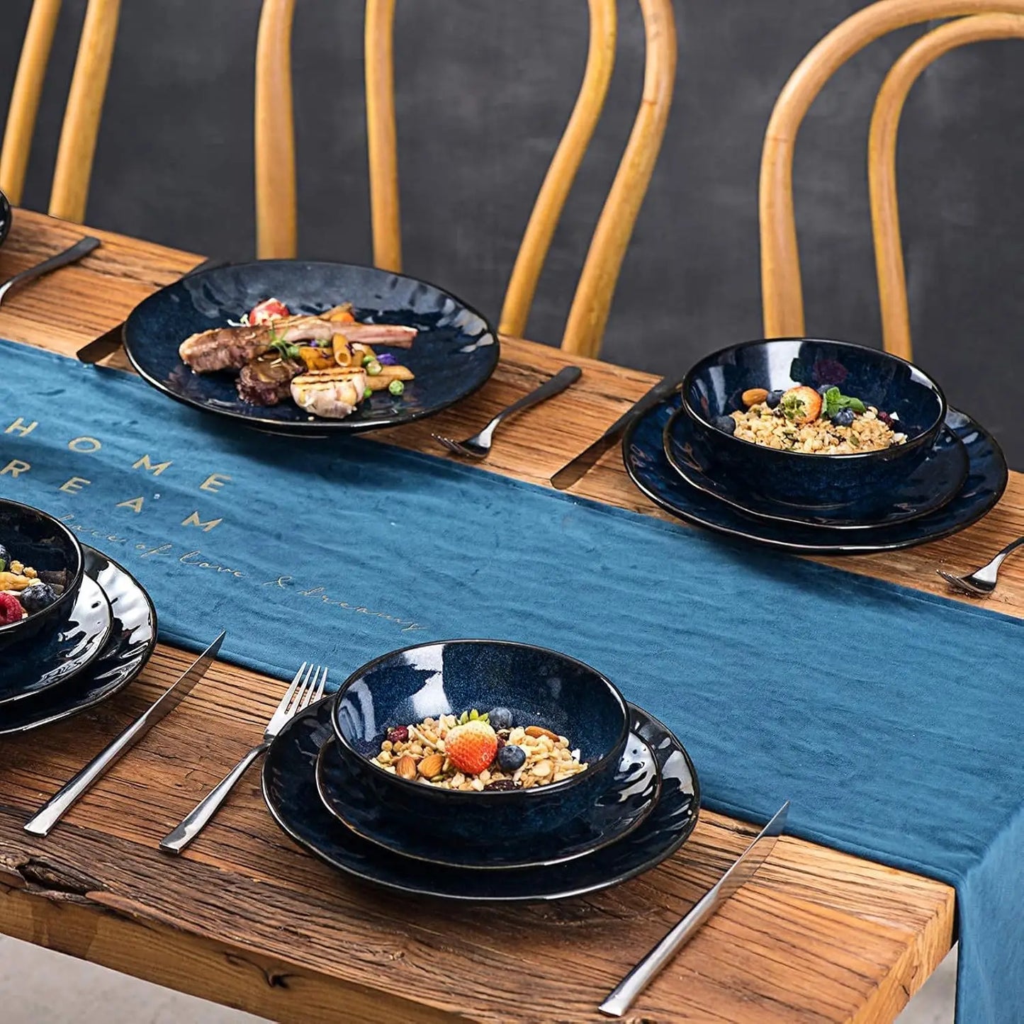 Ceramic Fluted Dinnerware Set Plates Bowls Microwave Oven Safe Dishwasher