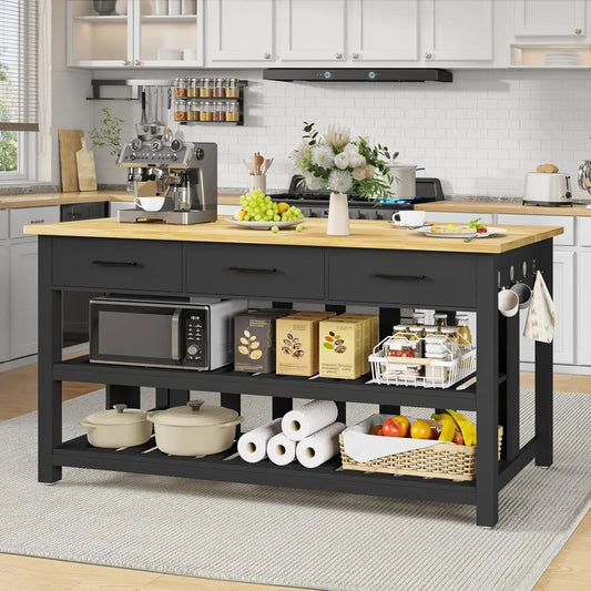 Solid Rubberwood Kitchen Island With Power Outlets Drawers Shelves