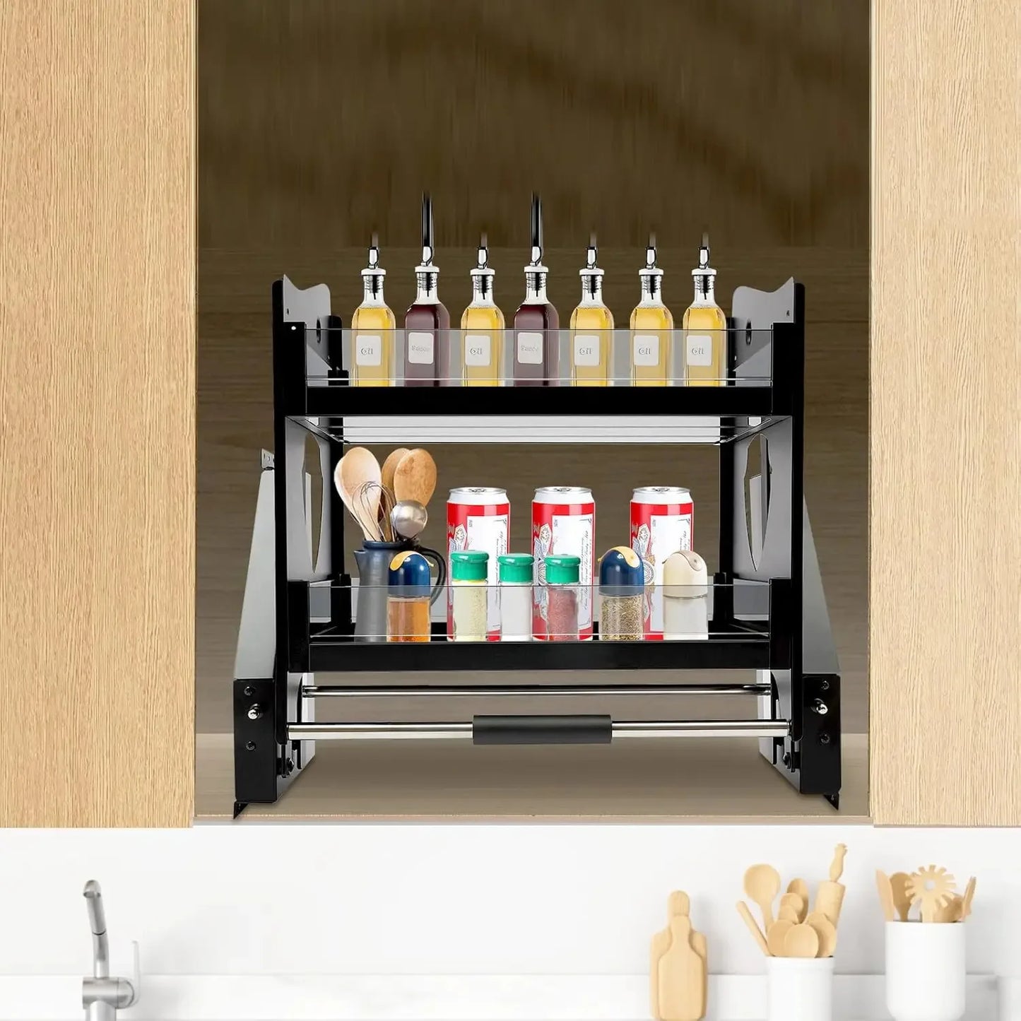 Bymaocar Pull Down Cabinet Organizer Two Tier
