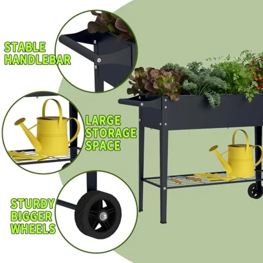 Raised Garden Bed With Wheel Planter Box For Outdoor Garden Patio