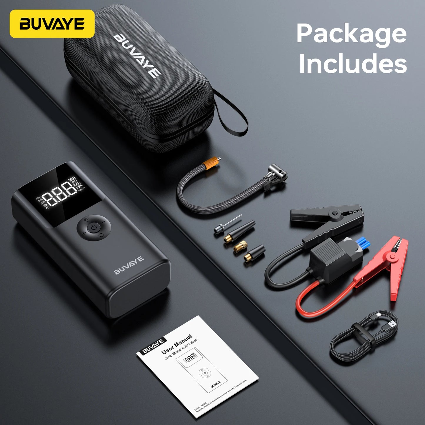 BUVAYE 12V Jump Starter With 150 PSI Air Compressor Powerbank