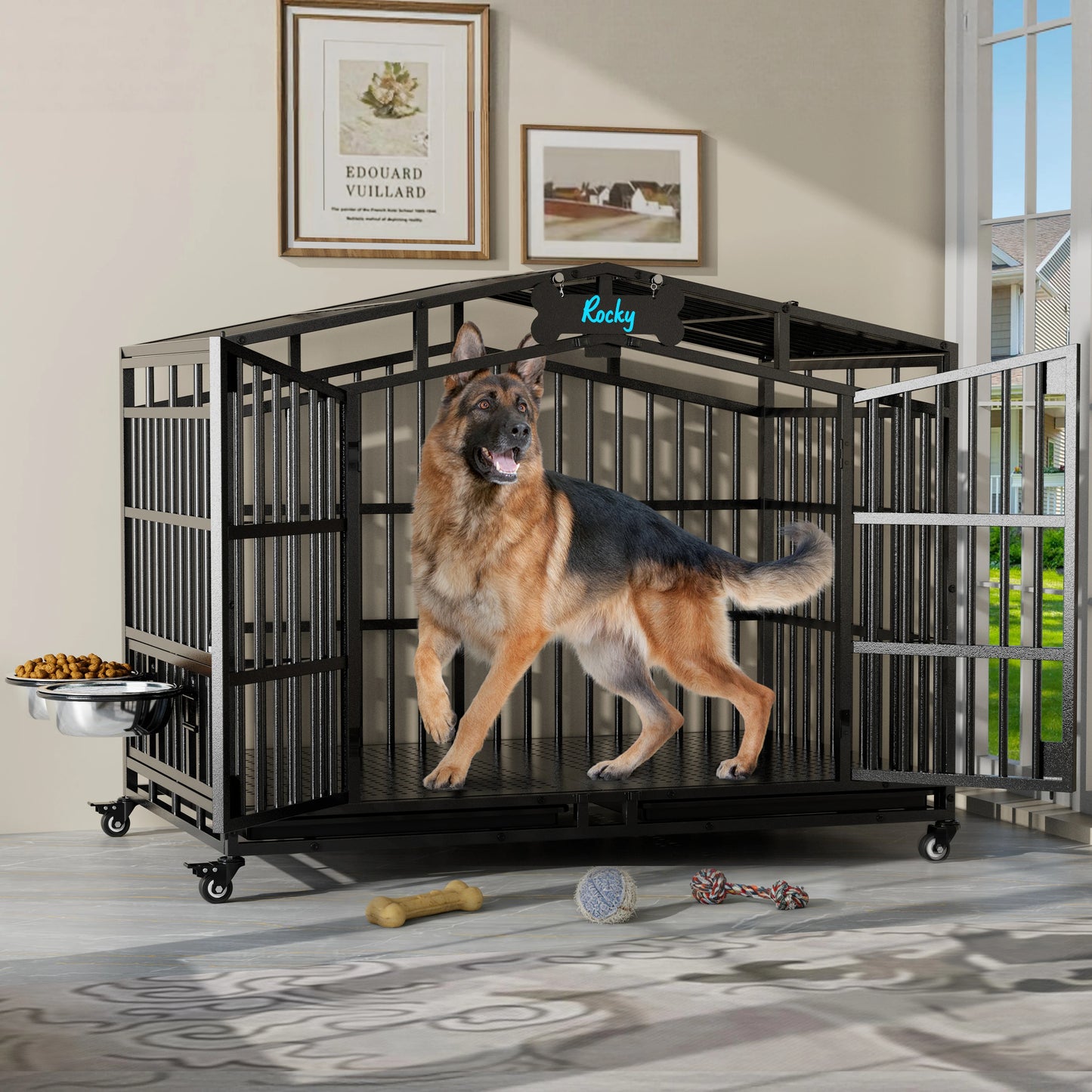 Heavy Duty Dog Crate Kennel With Lockable Wheels And Bowls