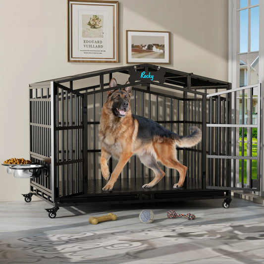 Heavy Duty Dog Crate Kennel With Lockable Wheels And Bowls