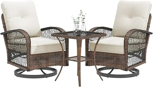 Outdoor 3 Piece Wicker Patio Set With Swivel Rocker Cushions