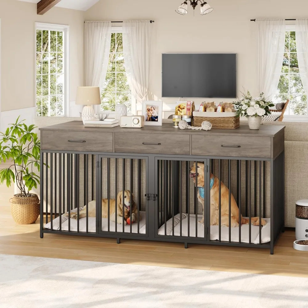 HOSTACK Farmhouse Double Dog Crate With 3 Drawers Kennel