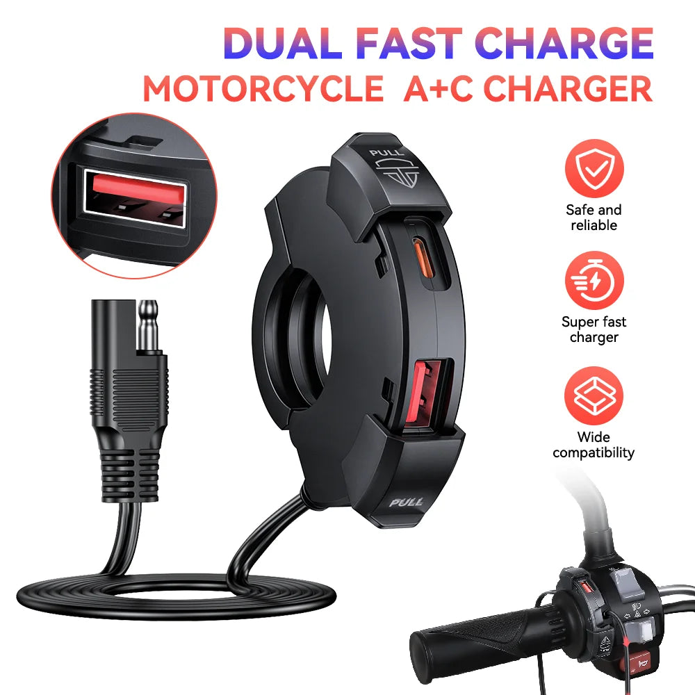 Motorcycle QC3.0 USB Charger Handlebar Mount IP65 Waterproof 12V-24V