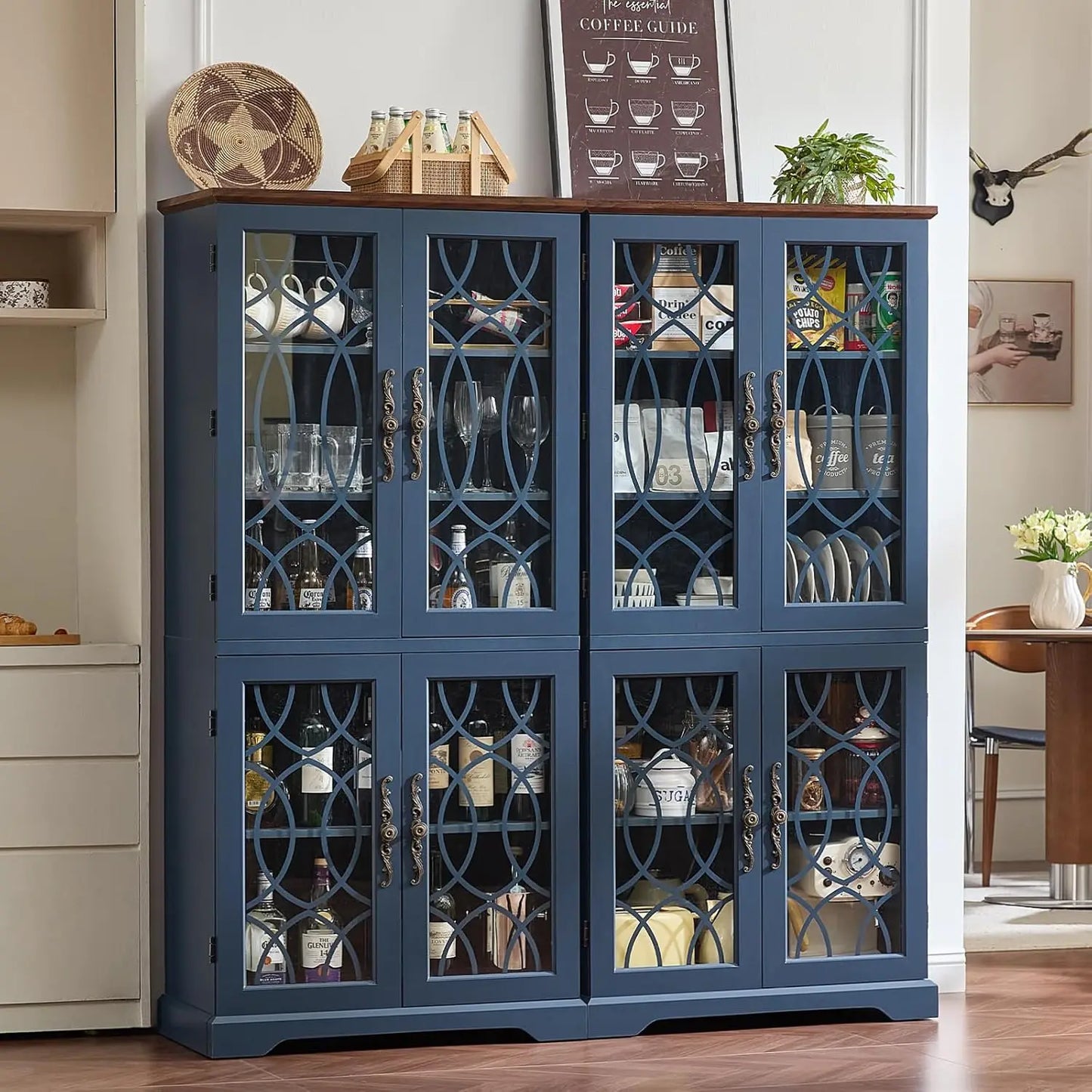 HUANZHUANG Vintage Wood Pantry Cabinet Set With Glass Doors