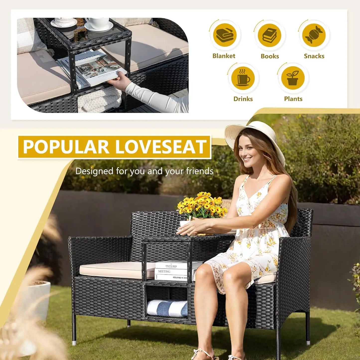 Outdoor Patio Loveseat Modern Rattan Conversation Set Cushions