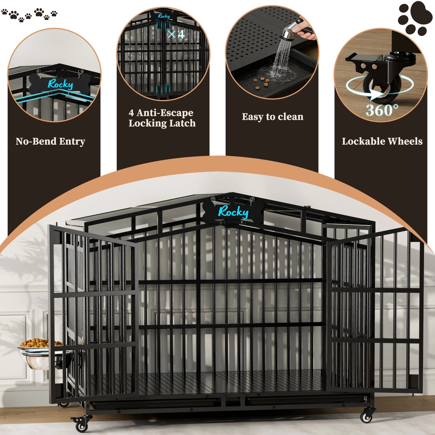 Heavy Duty Dog Crate Kennel With Lockable Wheels And Bowls