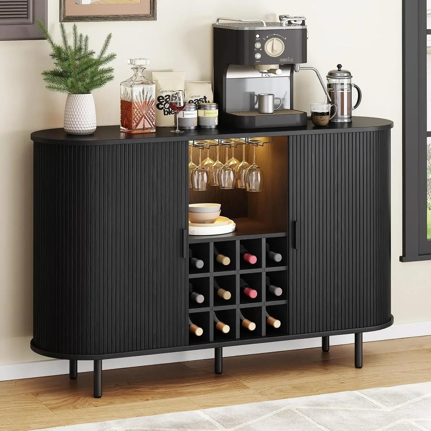 Fluted Bar Cabinet With Storage For Home Liquor And Wine