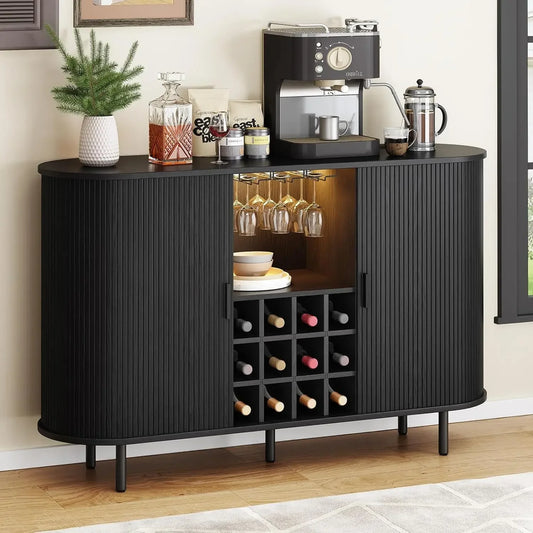 Fluted Bar Cabinet With Storage For Home Liquor And Wine