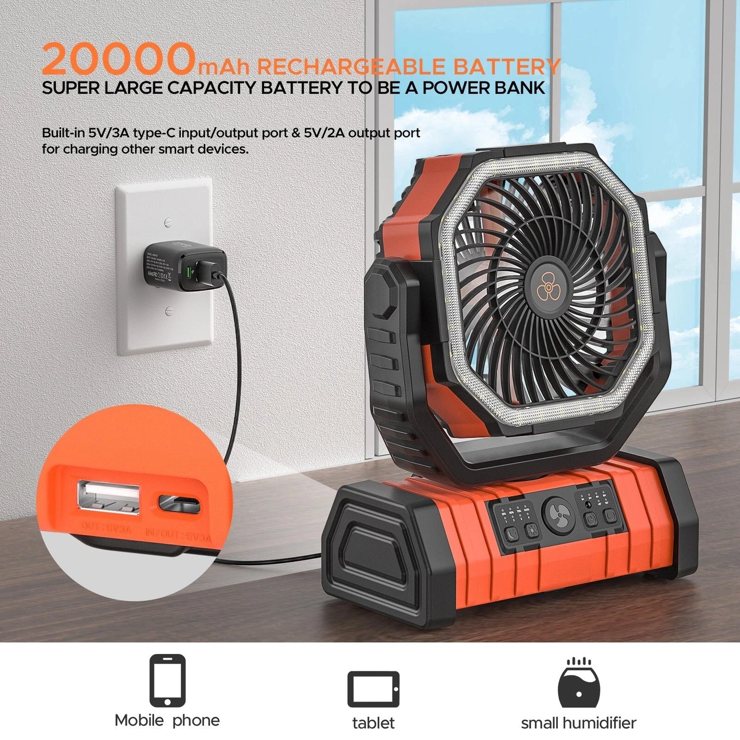Camping Fan 20000mAh Battery Powered Rechargeable LED Light Tent Fan