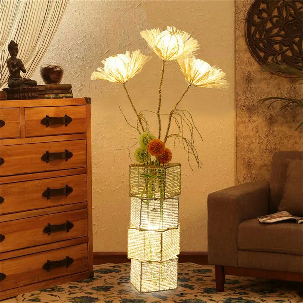Modern Rattan Floor Lamp Dimmable LED For Living Room